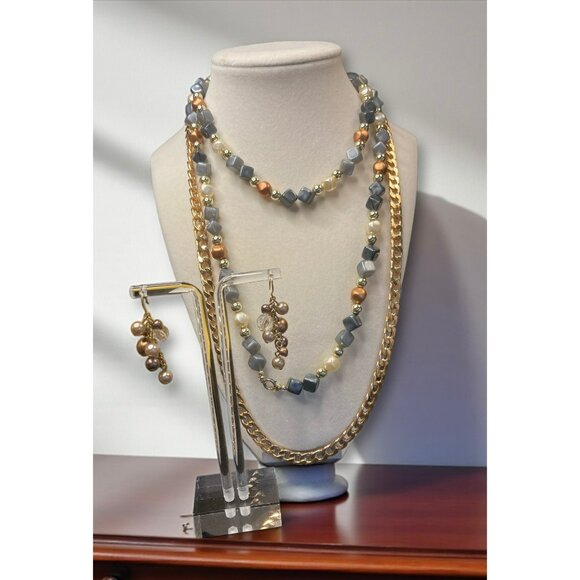 Gold-Plated Chain Necklace & Beaded Pearl Set With Matching Dangle Earrings -183 - Picture 1 of 4